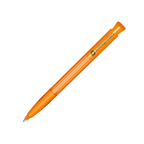 Bolgrafo de plstico naranja con mecanismo de pulsacin y agarre suave.