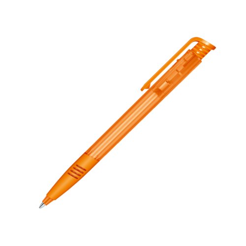 Bolgrafo de plstico naranja con mecanismo de pulsacin y clip.