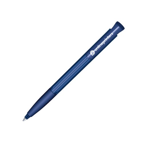 Bolgrafo de plstico azul oscuro con botn pulsador y agarre suave.