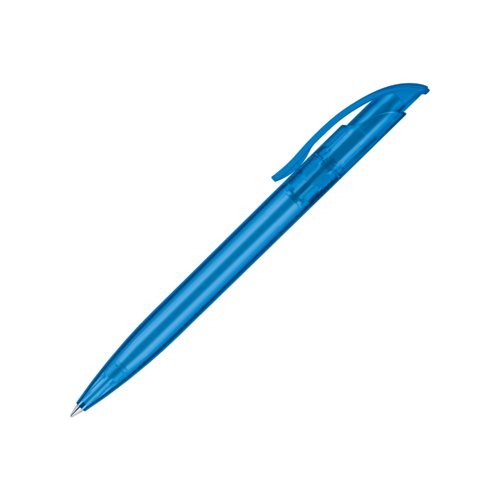 Bol�grafo de pl�stico transl�cido azul con clip y mecanismo de pulsaci�n.