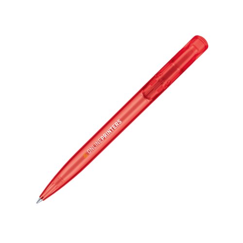 Bol�grafo rojo transl�cido de pl�stico con mecanismo de pulsaci�n.