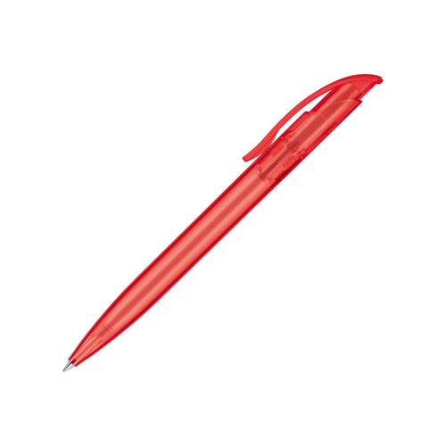 Bol�grafo rojo de pl�stico esmerilado con clip y mecanismo de pulsaci�n.