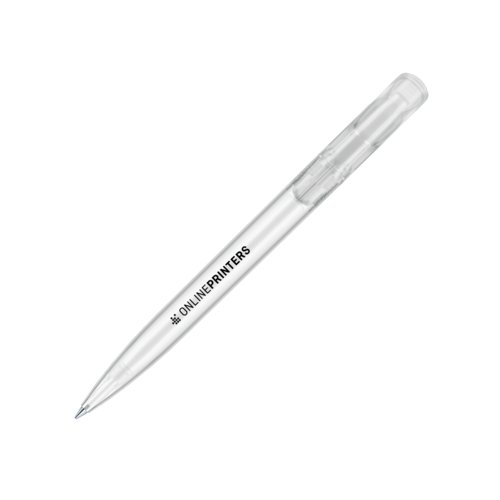 Bol�grafo de pl�stico blanco con mecanismo de pulsaci�n y clip.