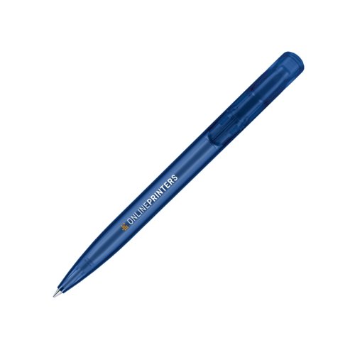 Bol�grafo de pl�stico azul oscuro con bot�n pulsador.