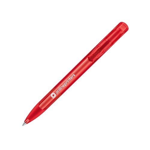 Bolgrafo de plstico rojo con botn pulsador y agarre suave.