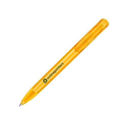 Bolgrafo de plstico amarillo con botn pulsador y agarre suave.