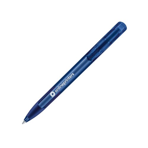 Bolgrafo de plstico azul oscuro con mecanismo de pulsacin y agarre suave.