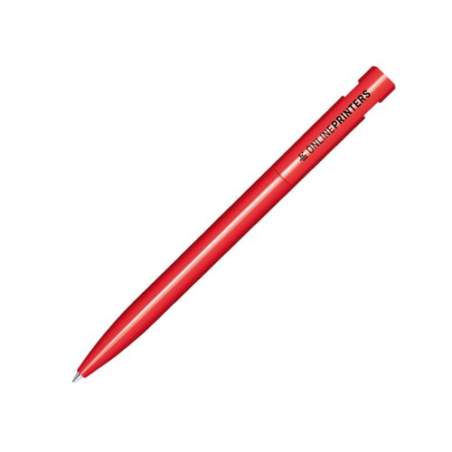 Bol�grafo rojo de pl�stico con acabado brillante y mecanismo de pulsaci�n.
