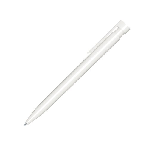 Bol�grafo de pl�stico blanco con acabado pulido y clip.