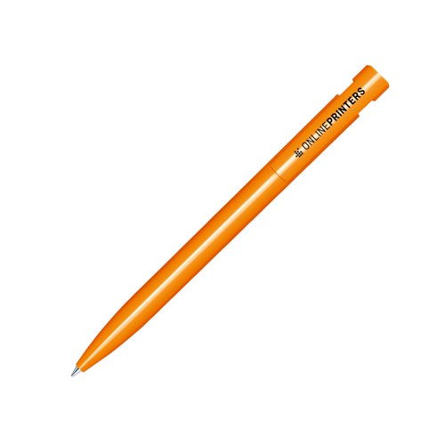 Bol�grafo de pl�stico naranja con acabado brillante y mecanismo de pulsaci�n.