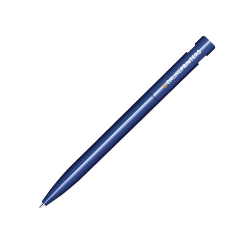 Bol�grafo de pl�stico azul oscuro con acabado pulido y bot�n pulsador.