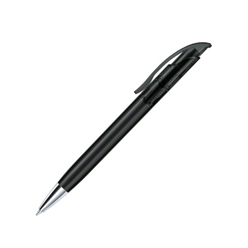 Bolgrafo de plstico negro con elementos de metal y clip.