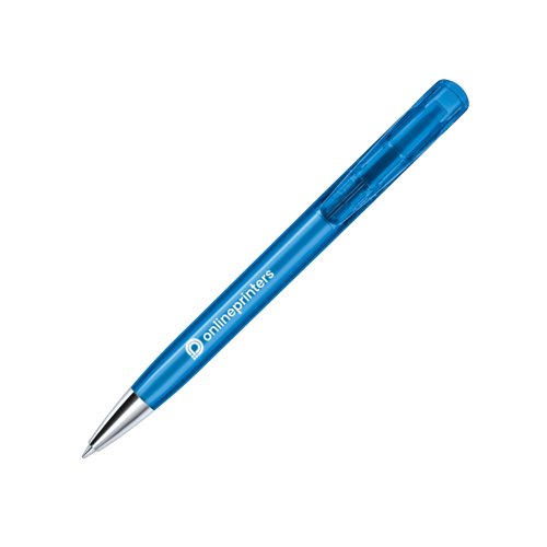 Bolgrafo de plstico azul con elementos metlicos y mecanismo de pulsacin.