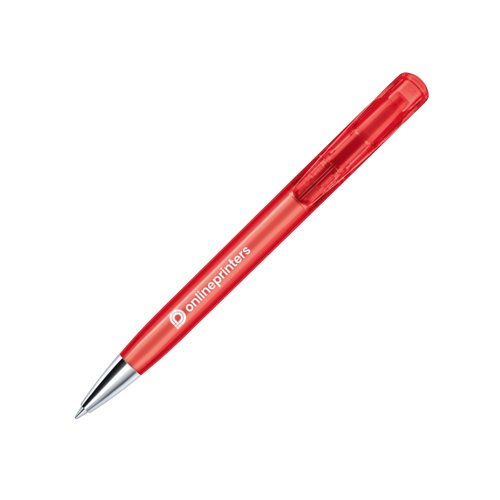 Bolgrafo de plstico rojo con punta de metal y mecanismo de pulsacin.