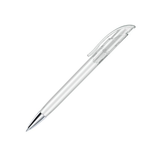 Bolgrafo blanco de plstico con punta de metal y clip.