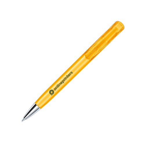 Bolgrafo de plstico amarillo con punta de metal y mecanismo de pulsacin.