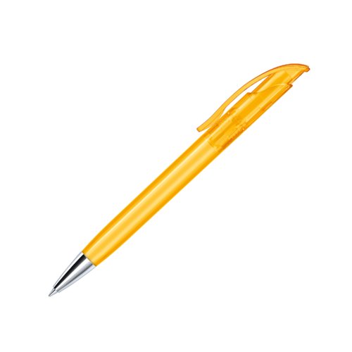 Bolgrafo de plstico amarillo con elementos de metal y clip.