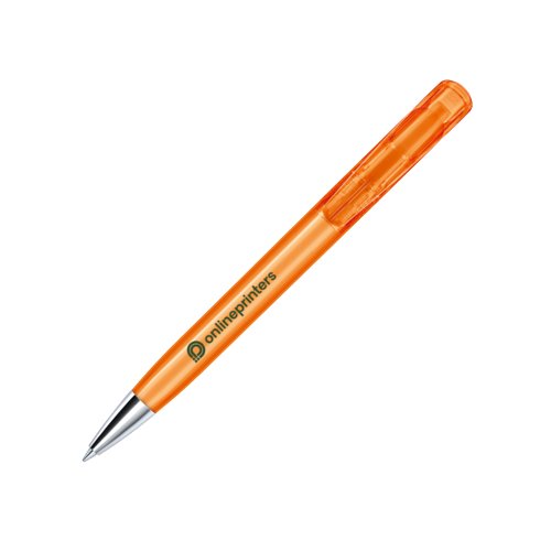 Bolgrafo de plstico naranja con elementos metlicos y mecanismo de pulsacin.
