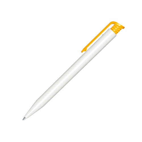Bolgrafo de plstico blanco con clip amarillo y mecanismo de pulsacin.