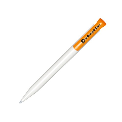 Bolgrafo de plstico blanco/naranja con mecanismo de pulsacin.