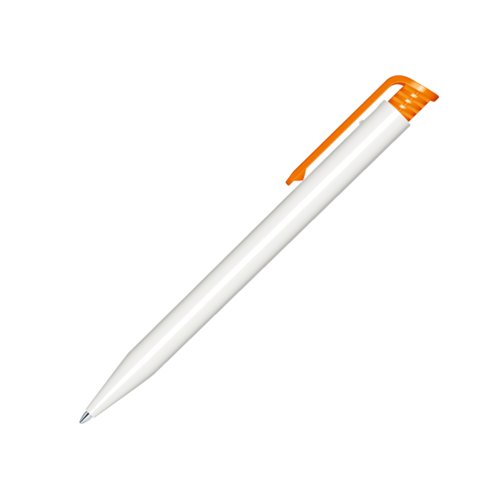 Bolgrafo de plstico blanco con clip naranja y mecanismo de pulsacin.