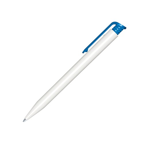 Bolgrafo de plstico blanco con detalles azules y mecanismo de pulsacin.