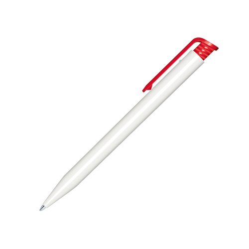 Bolgrafo de plstico blanco con clip rojo y mecanismo de pulsacin.