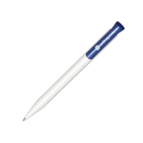 Bolgrafo de plstico blanco con detalle en azul marino y mecanismo de pulsacin.