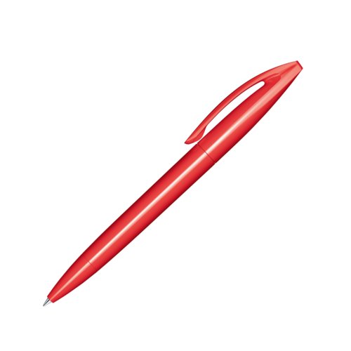 Bol�grafo rojo de pl�stico con acabado pulido y mecanismo de giro.