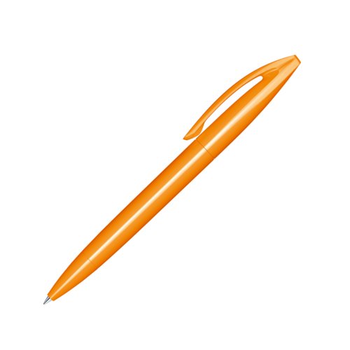 Bol�grafo de pl�stico naranja con clip y mecanismo de giro.