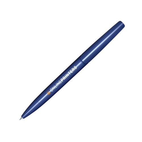 Bol�grafo de pl�stico azul oscuro con acabado pulido y mecanismo de giro.