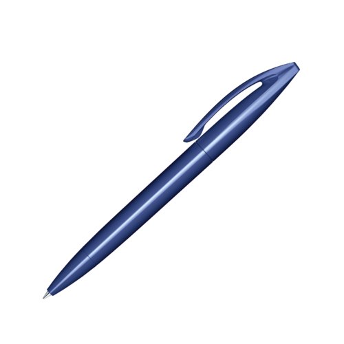 Bol�grafo de pl�stico azul oscuro con mecanismo giratorio y clip.