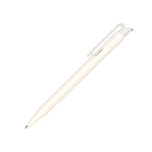 Bolgrafo blanco de bioplstico con clip y mecanismo de pulsacin.