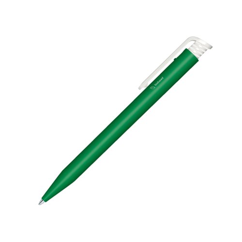 Bolgrafo verde de bioplstico con clip y botn pulsador.