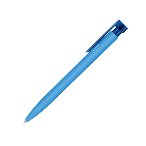 Bolgrafo azul de bioplstico con clip y mecanismo de pulsacin.