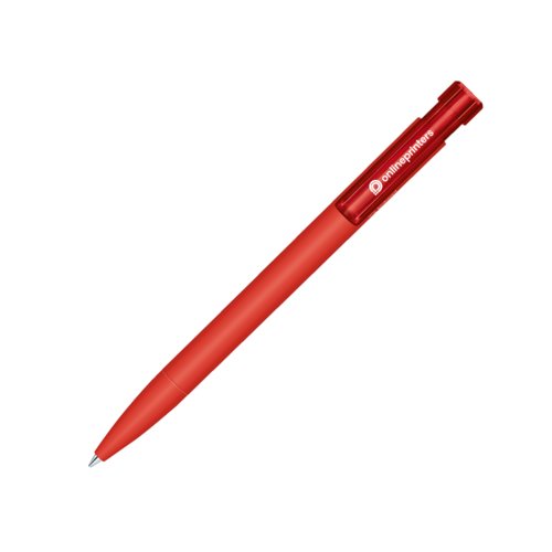 Bolgrafo bio rojo con mecanismo de pulsacin y clip.