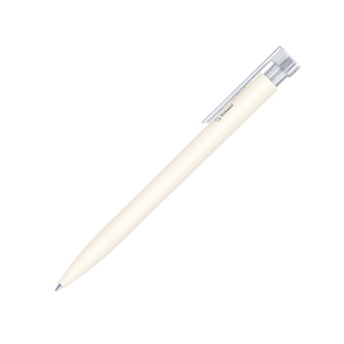 Bolgrafo blanco de bioplstico con clip transparente y mecanismo de pulsacin.
