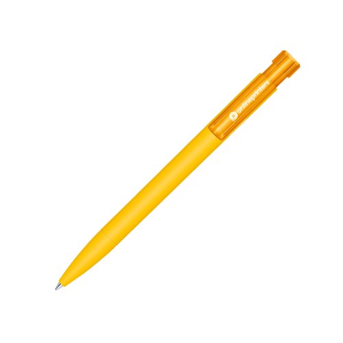 Bolgrafo de plstico orgnico amarillo con clip y mecanismo de pulsacin.