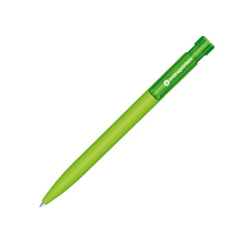 Bolgrafo bio verde con mecanismo de pulsacin y clip.