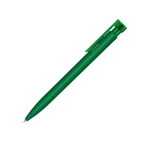Bolgrafo bio de color verde oscuro con clip y mecanismo de pulsacin.