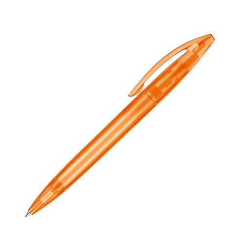 Bol�grafo de pl�stico naranja con clip y mecanismo de pulsaci�n.