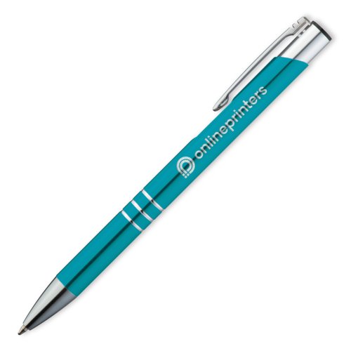 Bolgrafo de metal turquesa con clip y botn pulsador.