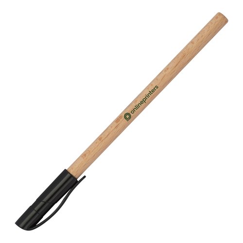 Bolgrafo de madera con punta negra y clip.