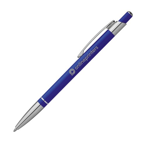 Bolgrafo azul de metal con clip y botn pulsador.