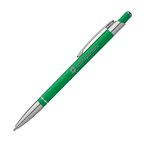 Bolgrafo de metal verde con clip y mecanismo de pulsacin.