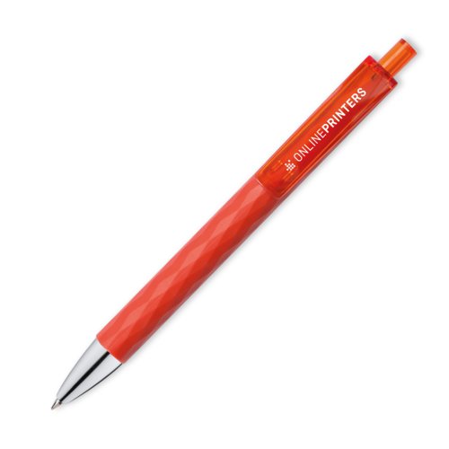 Bolgrafo de plstico rojo con clip y botn pulsador.