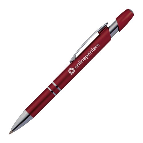 Bolgrafo rojo de metal con clip y botn pulsador.