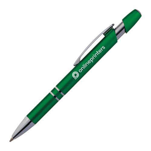 Bolgrafo de metal verde con clip y botn pulsador.