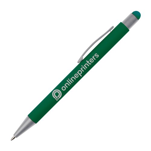 Bolgrafo tctil verde con clip y punta de lpiz.