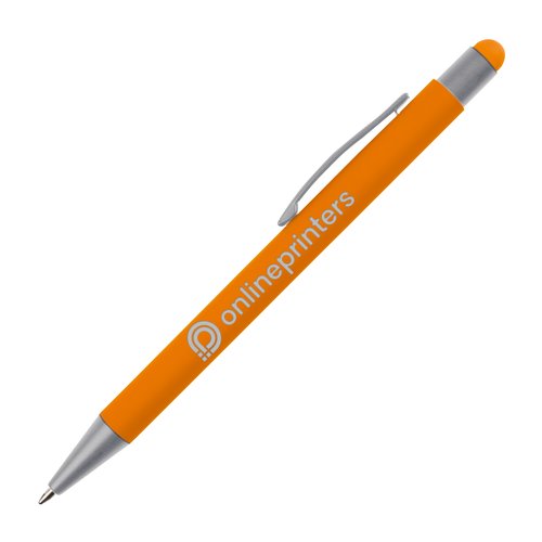 Bolgrafo de plstico naranja con puntero y clip.